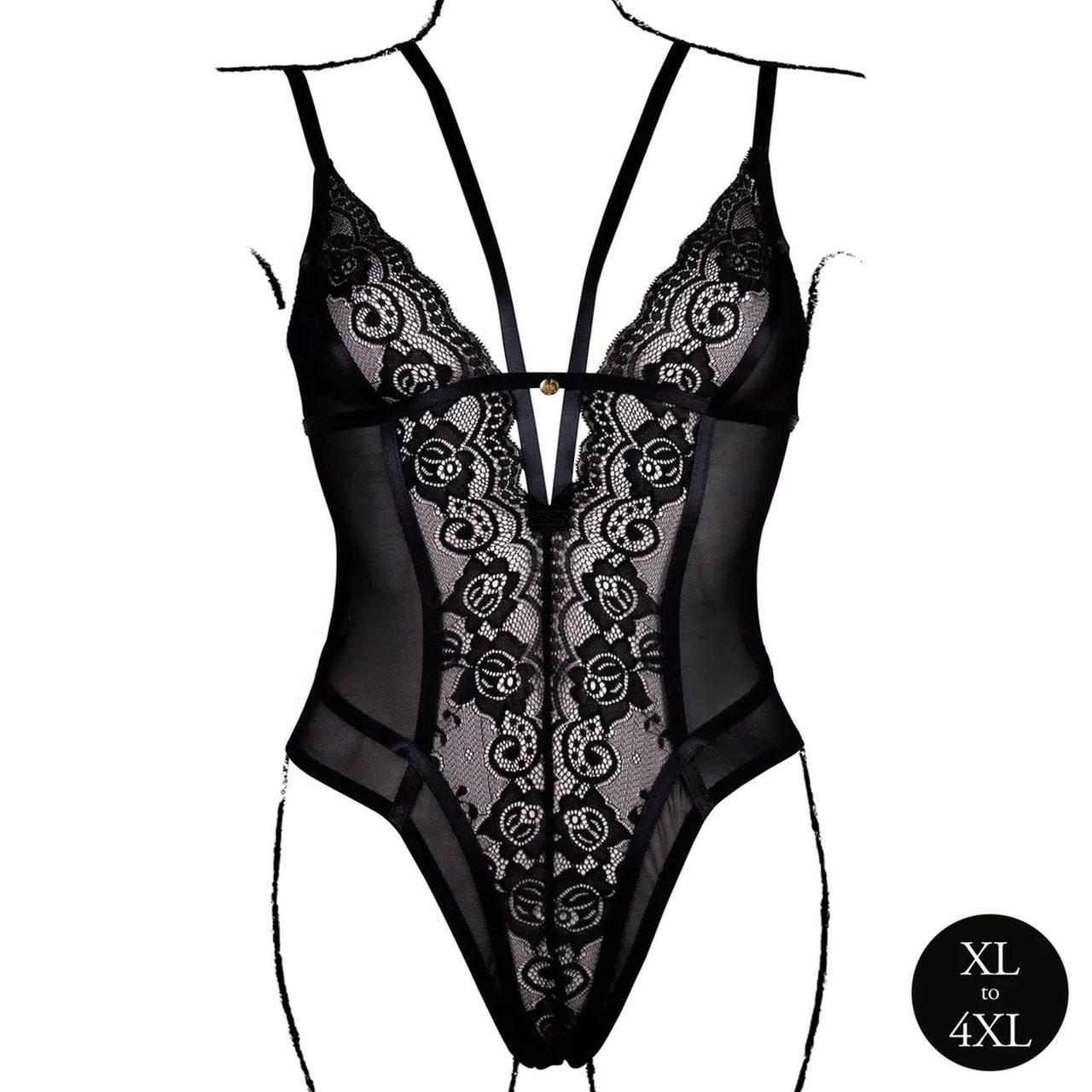 Czarne koronkowe body plus size na fiszbinach | Regulowane ramiączka