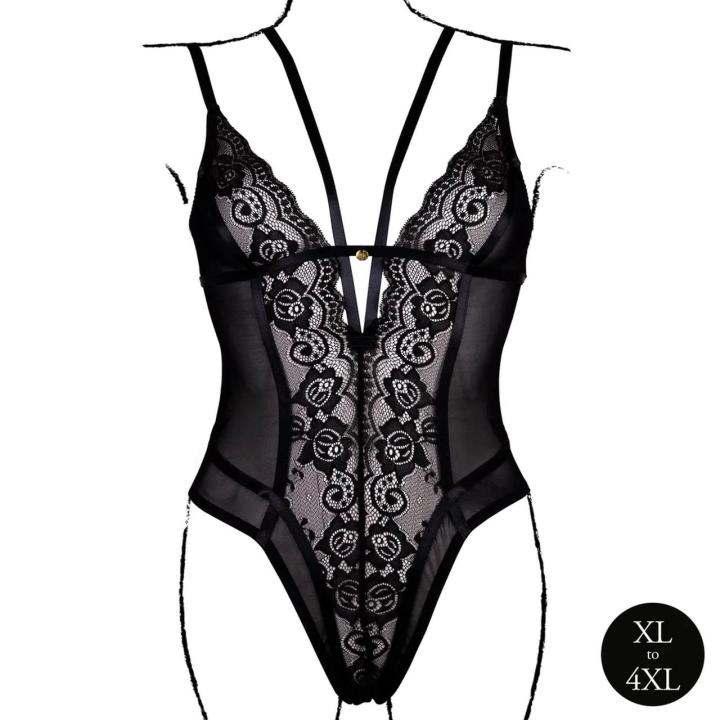 Czarne koronkowe body plus size na fiszbinach | Regulowane ramiączka