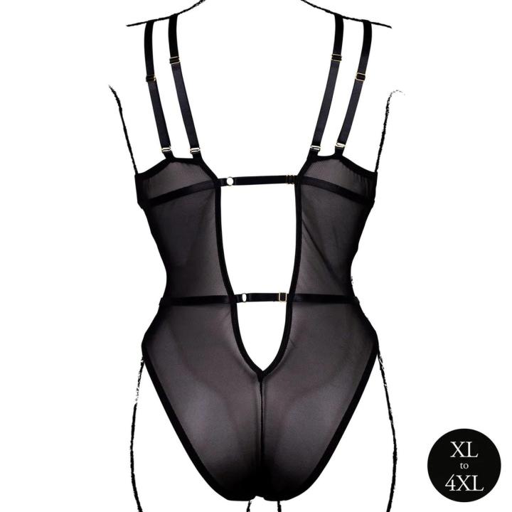 Czarne koronkowe body plus size na fiszbinach | Regulowane ramiączka