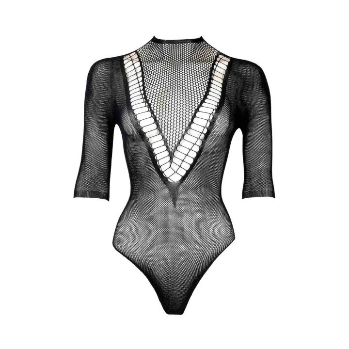 Czarne body z siateczki z krótkim rękawem i wycięciem V | One size S-XL