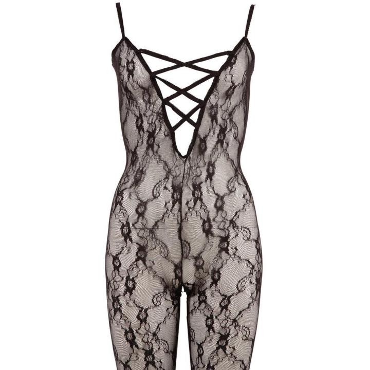Koronkowy bodystocking z otwartym krokiem i stopą