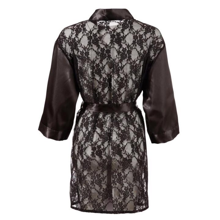 Satynowe kimono nocne z koronkowymi plecami i paskiem