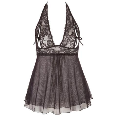 Koronkowa babydoll halter czarna | Rozcięte miseczki