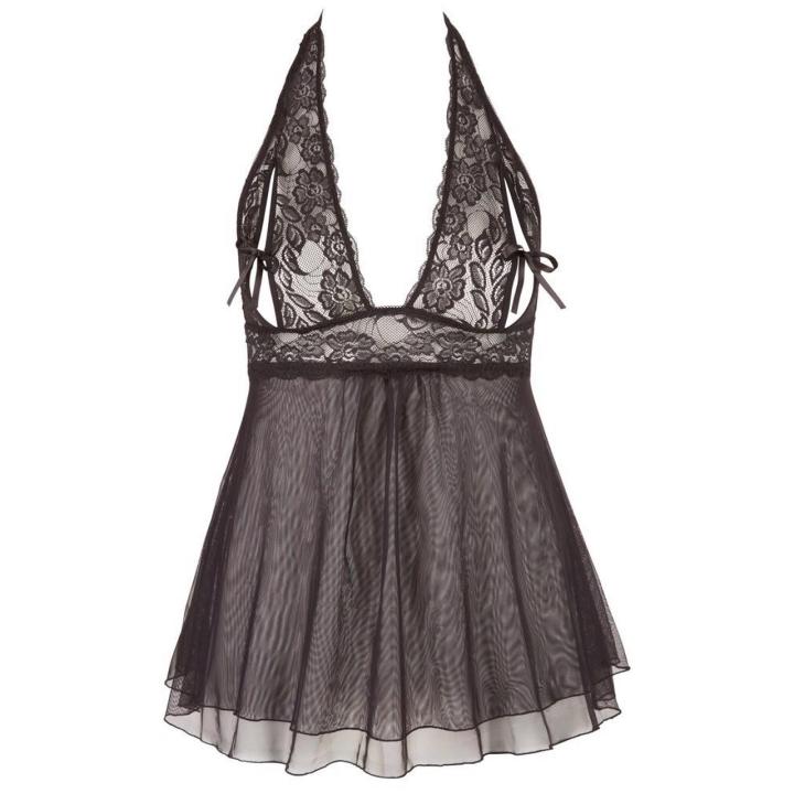 Koronkowa babydoll halter czarna | Rozcięte miseczki