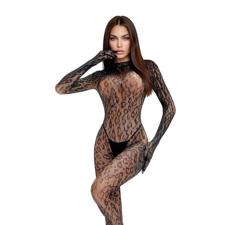 Czarne bodystocking w zwierzęcy wzór z kołnierzem i długim rękawem