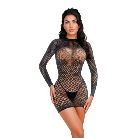 Czarna mini sukienka z siateczki i koronki one size – z wycięciem na plecach