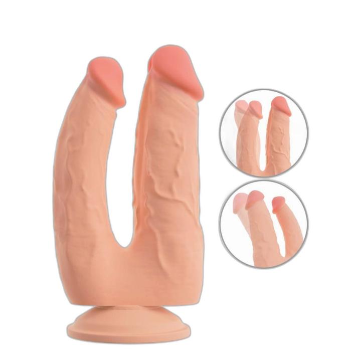 Cieliste podwójne dildo z przyssawką i elastycznymi trzonkami 20 cm