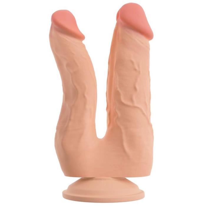 Cieliste podwójne dildo z przyssawką i elastycznymi trzonkami 20 cm