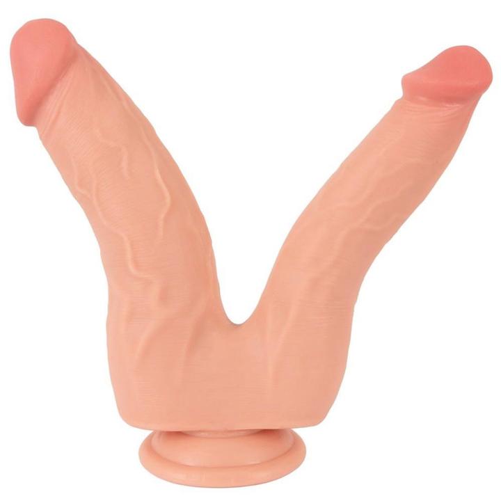 Cieliste podwójne dildo z przyssawką i elastycznymi trzonkami 20 cm