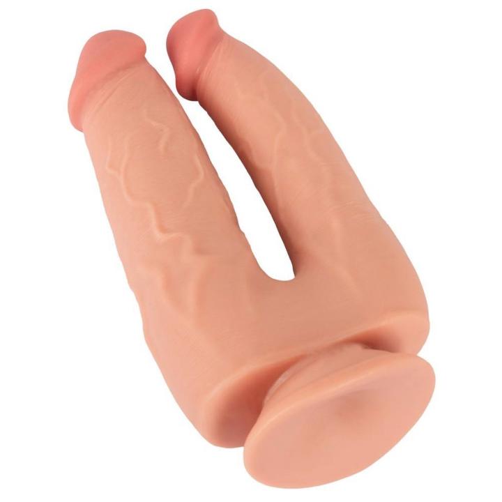 Cieliste podwójne dildo z przyssawką i elastycznymi trzonkami 20 cm