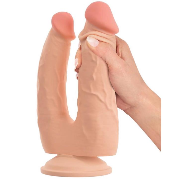 Cieliste podwójne dildo z przyssawką i elastycznymi trzonkami 20 cm
