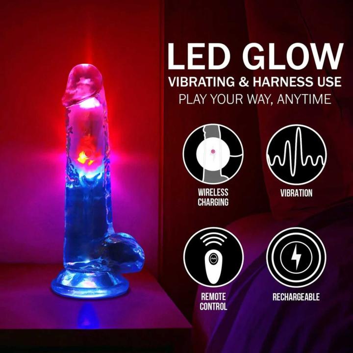 Transparentne realistyczne dildo wibrujące LED 20 cm z przyssawką