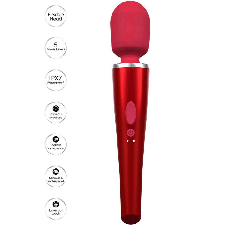 Czerwony masażer wand 30 cm – mocne wibracje, 5 poziomów, IPX7