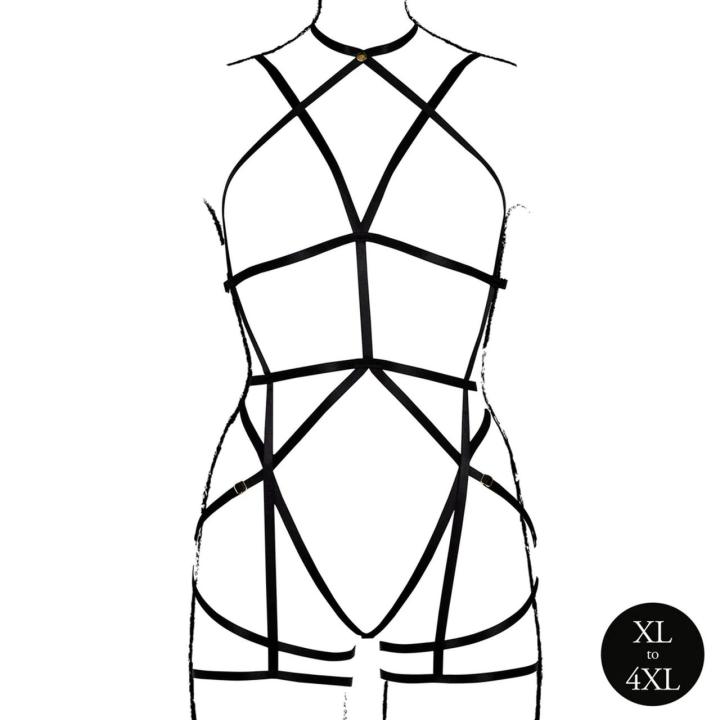 Czarne body harness plus size z otwartymi miseczkami i paskami do pończoch
