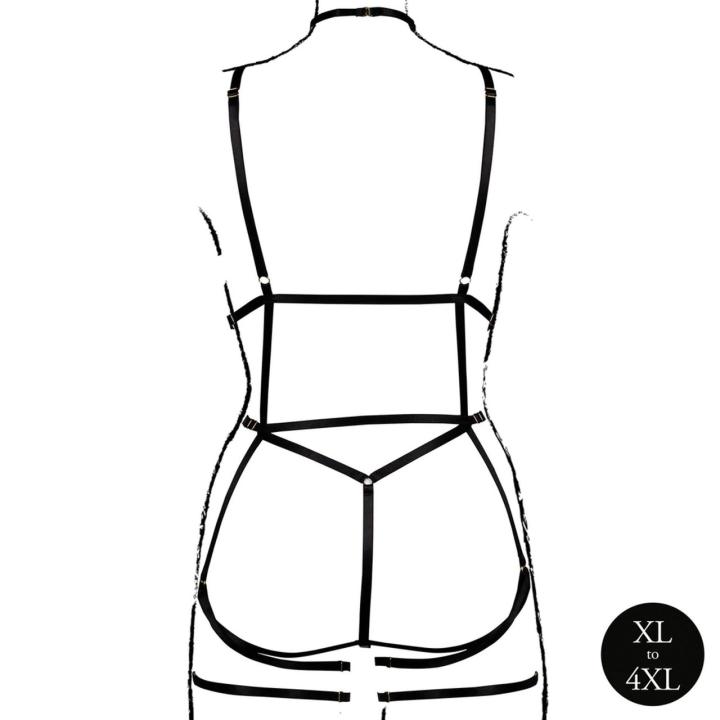 Czarne body harness plus size z otwartymi miseczkami i paskami do pończoch