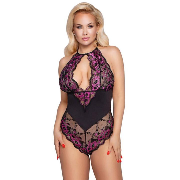 Koronkowe body plus size z wycięciami i zapięciem w kroku