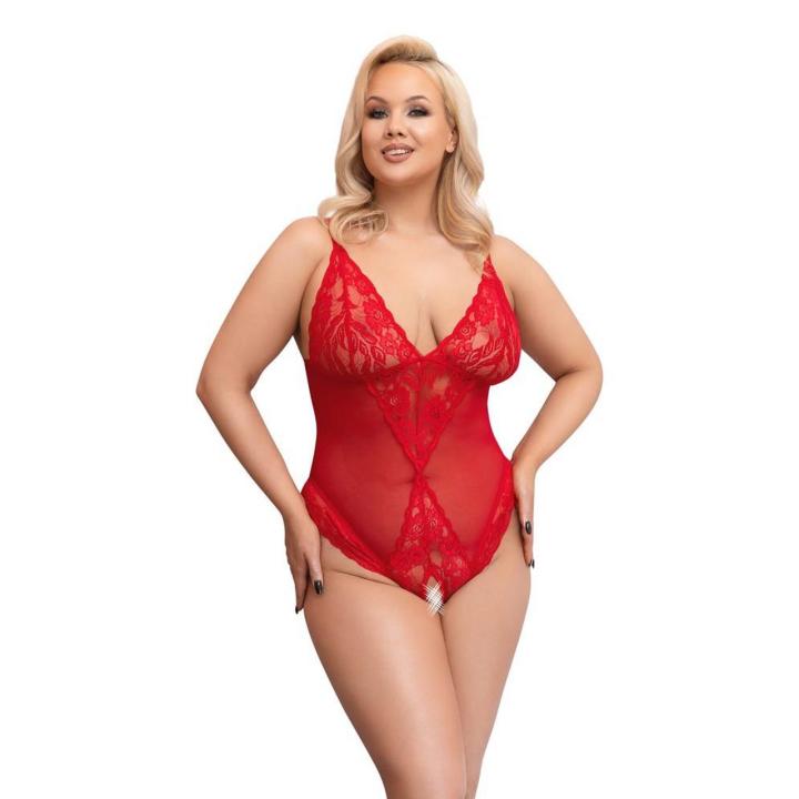 Czerwone body bez kroku plus size z koronką i przezroczystym materiałem