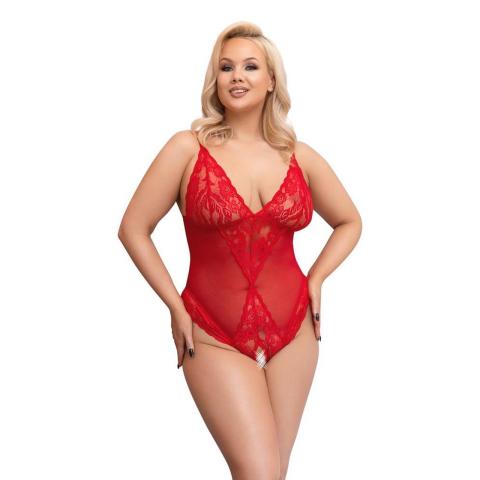 Czerwone body bez kroku plus size z koronką i przezroczystym materiałem