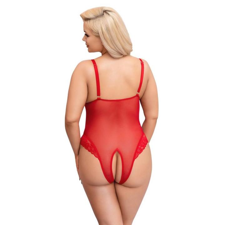 Czerwone body bez kroku plus size z koronką i przezroczystym materiałem