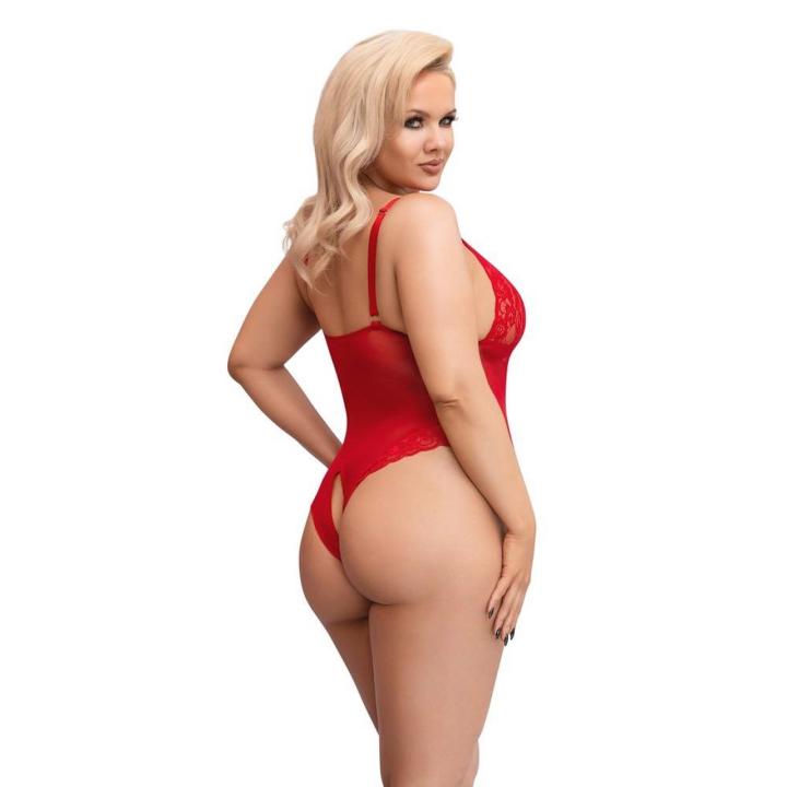 Czerwone body bez kroku plus size z koronką i przezroczystym materiałem
