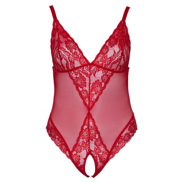 Czerwone body bez kroku plus size z koronką i przezroczystym materiałem