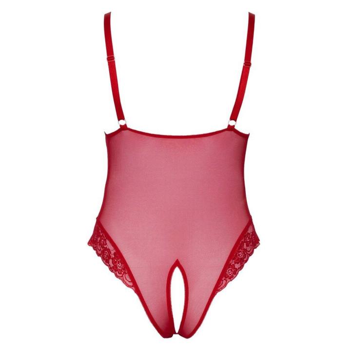 Czerwone body bez kroku plus size z koronką i przezroczystym materiałem