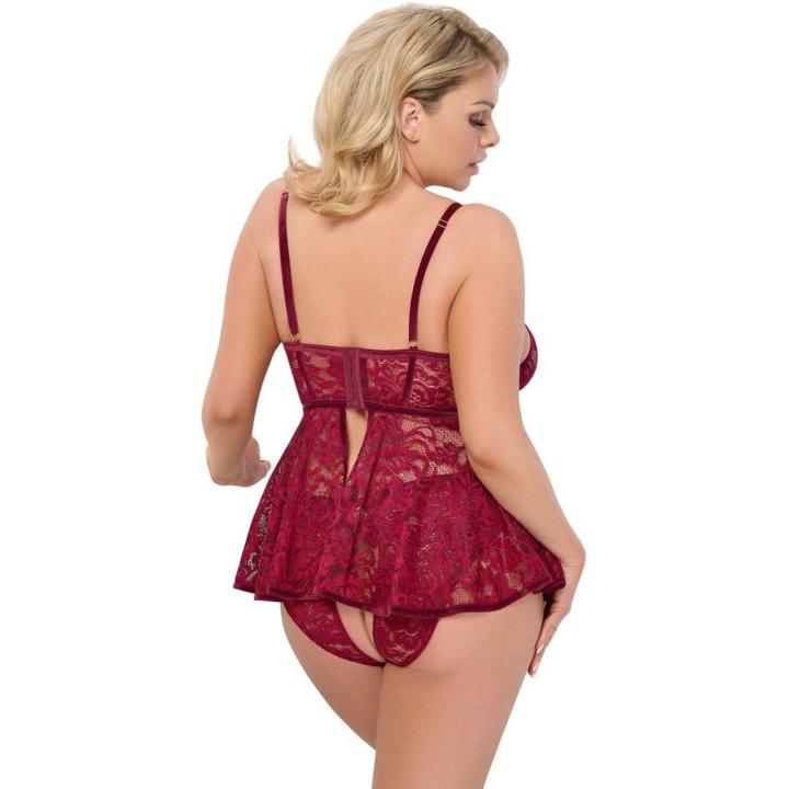 Czerwona koronkowa babydoll plus size 3XL z figami ouvert