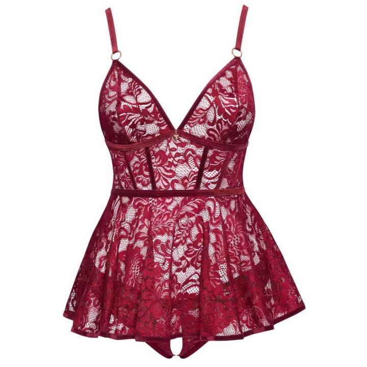Czerwona koronkowa babydoll plus size 3XL z figami ouvert