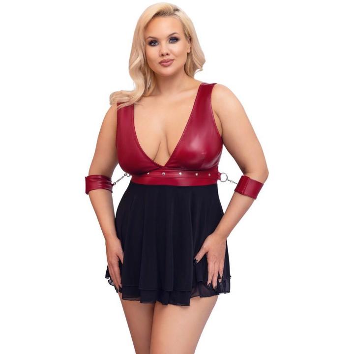 Czerwona babydoll bondage z mankietami na ramiona i pasem z nitami