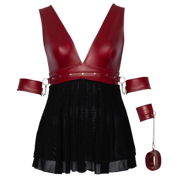 Czerwona babydoll bondage z mankietami na ramiona i pasem z nitami