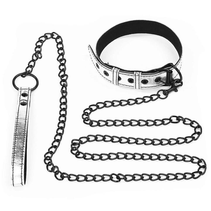 Metaliczna obroża pup ze smyczą BDSM – wegańska skóra, regulacja 35,6–47,0 cm
