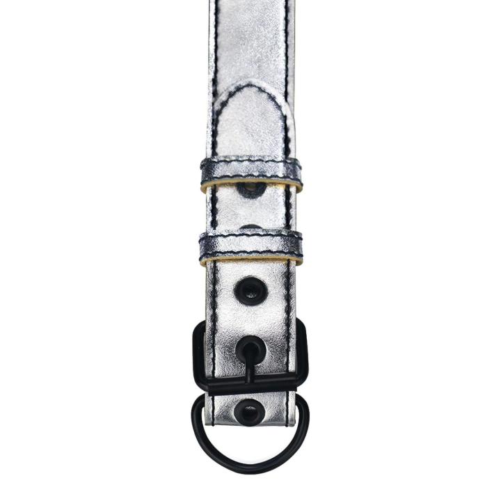 Metaliczna obroża pup ze smyczą BDSM – wegańska skóra, regulacja 35,6–47,0 cm