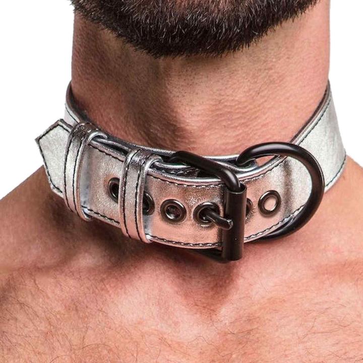 Metaliczna obroża pup ze smyczą BDSM – wegańska skóra, regulacja 35,6–47,0 cm