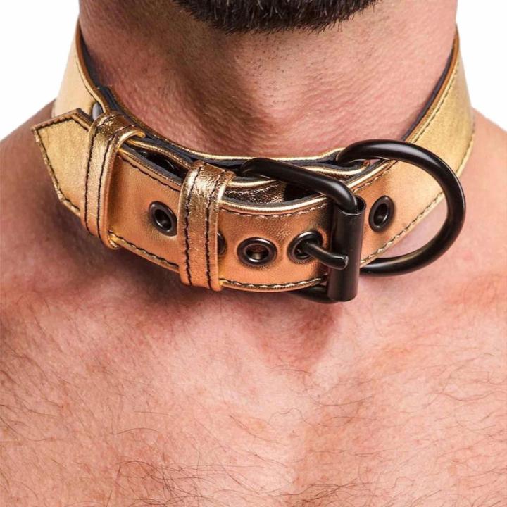 Metaliczna obroża BDSM ze smyczą z eko skóry regulowana 35,6–47 cm