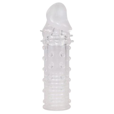 Przezroczysta przedłużka na penisa 16 cm z wypustkami i rowkami