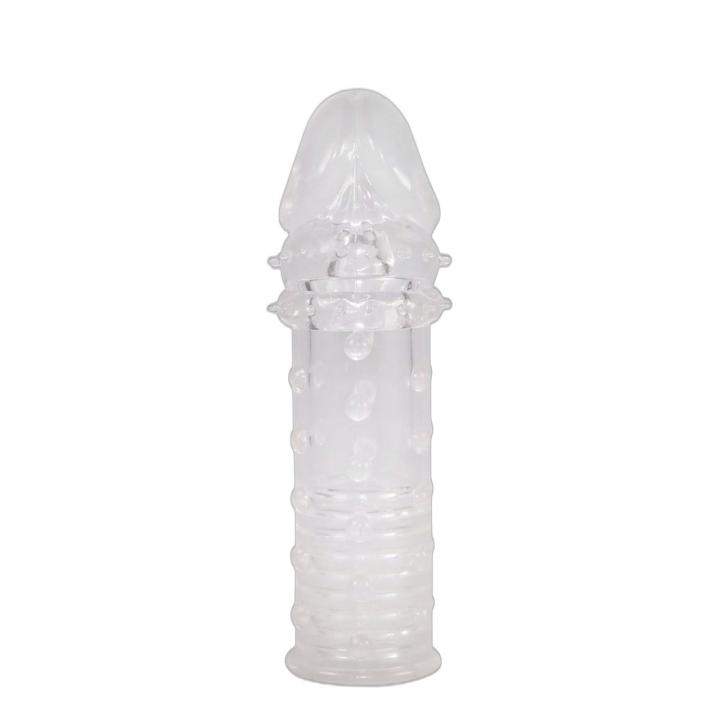Przezroczysta przedłużka na penisa 16 cm z wypustkami i rowkami