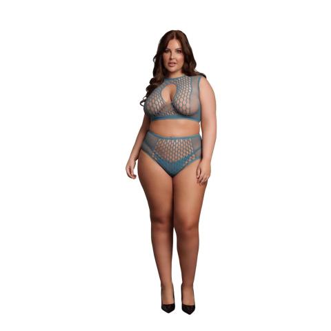 Niebieski komplet bielizny fishnet plus size z wycięciem keyhole XL–4XL