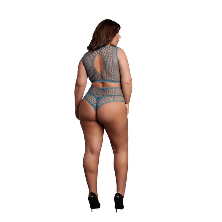 Niebieski komplet bielizny fishnet plus size z wycięciem keyhole XL–4XL