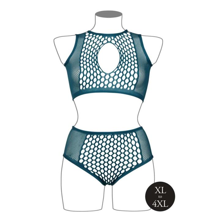 Niebieski komplet bielizny fishnet plus size z wycięciem keyhole XL–4XL