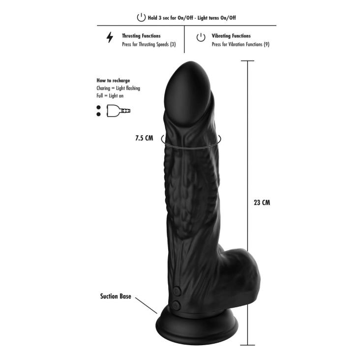 Wibrujące dildo potworne 23 cm z ruchem posuwistym, przyssawką i boost
