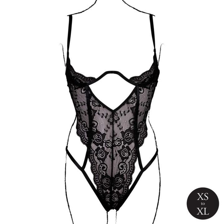 Czarne koronkowe body z fiszbinami i otwartymi miseczkami one size