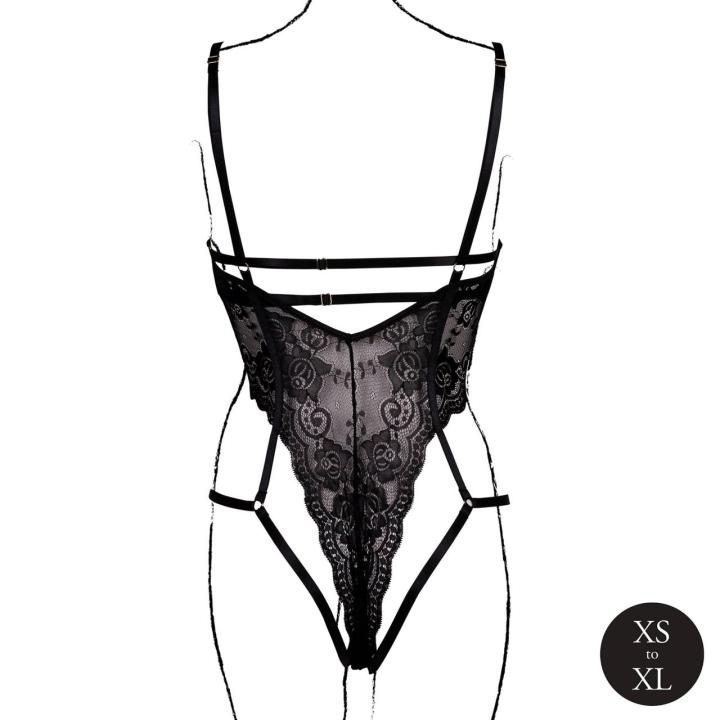 Czarne koronkowe body z fiszbinami i otwartymi miseczkami one size