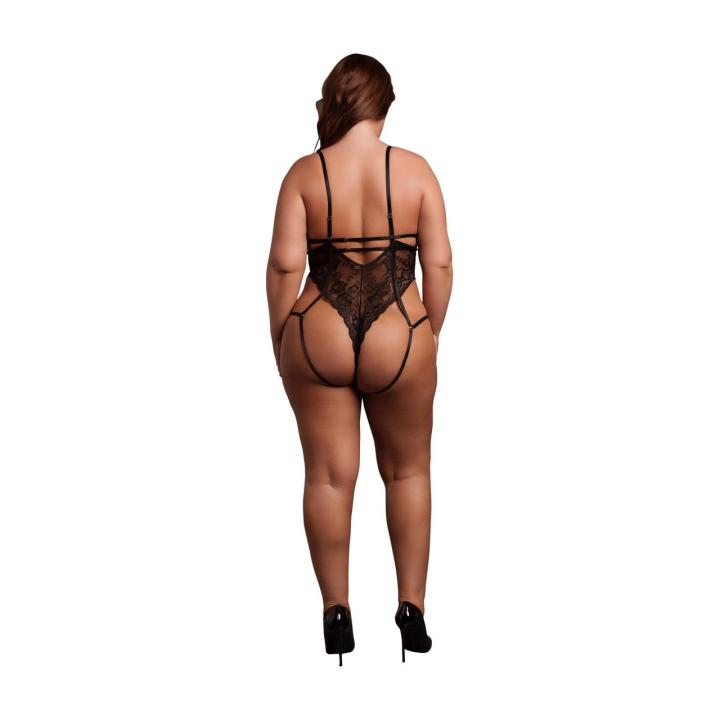 Koronkowe body plus size z otwartymi miseczkami i fiszbinami czarne