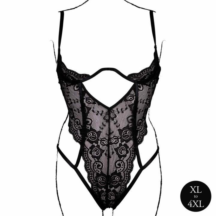 Koronkowe body plus size z otwartymi miseczkami i fiszbinami czarne