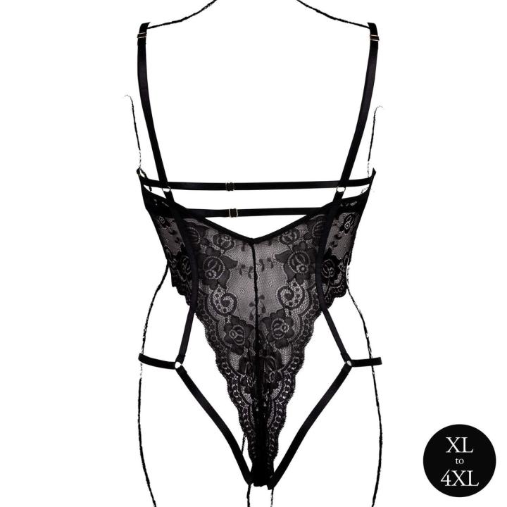 Koronkowe body plus size z otwartymi miseczkami i fiszbinami czarne