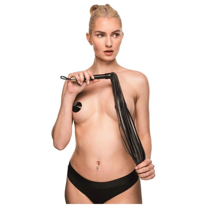 Elegancki flogger BDSM z wegańskiej skóry i złotymi detalami