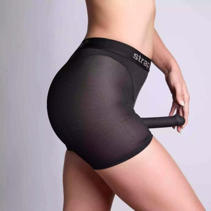 Czarna uprząż strap-on high waist – tiul i mikrofibra, silikonowy pierścień