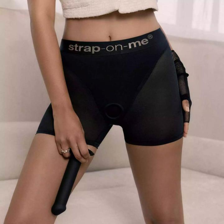 Czarna uprząż strap-on high waist – tiul i mikrofibra, silikonowy pierścień