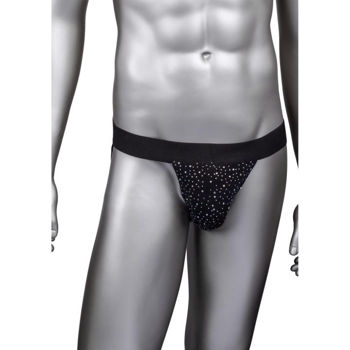 Czarny jockstrap męski z siateczki z cyrkoniami