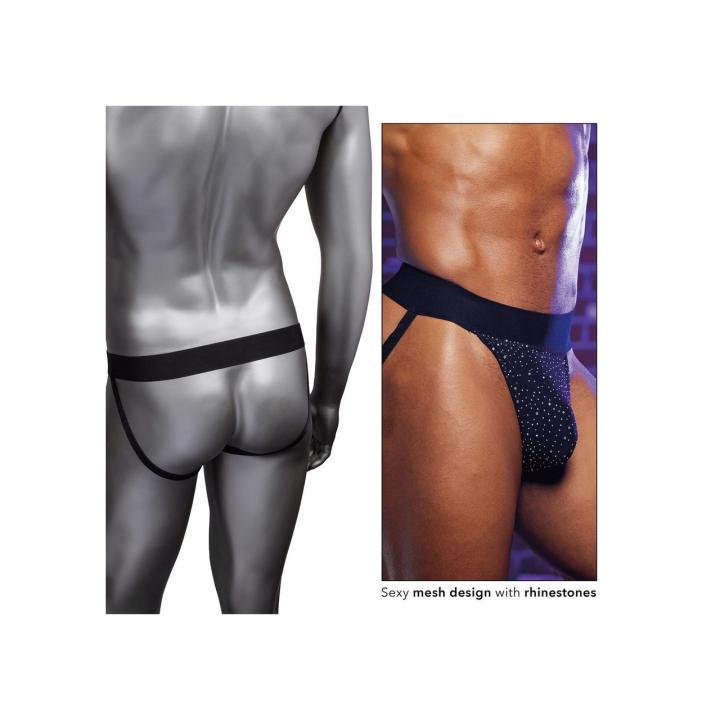 Czarny jockstrap męski z siateczki z cyrkoniami